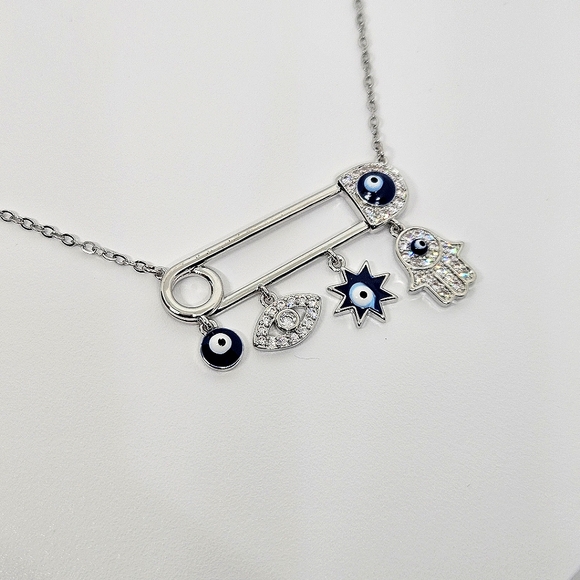 Trendy 925 Sterling Silver Plated Boho Evil Eye Pendant Safety Pin Necklace - Picture 5 of 8